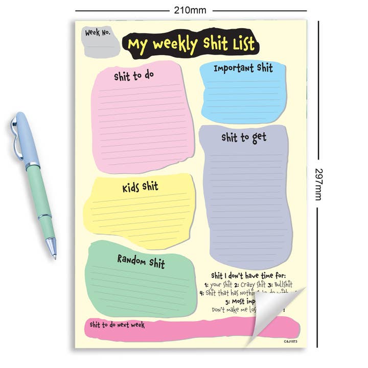 Close to the Bone Greeting Cards and Gifts - Vendita all'ingrosso Planner - #1573 Lista settimanale delle cose in formato A41