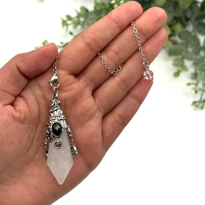 Crystal Quartz 12 Faceted Antique Silver Detailing Pendulum for wholesale by Meraki Gemstones