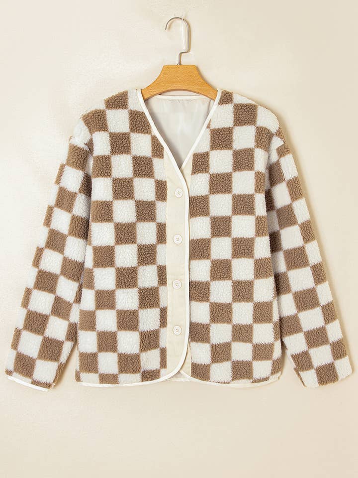 Brown Checkered Sherpa Buttoned Front Chunky Jacket for wholesale on Faire2
