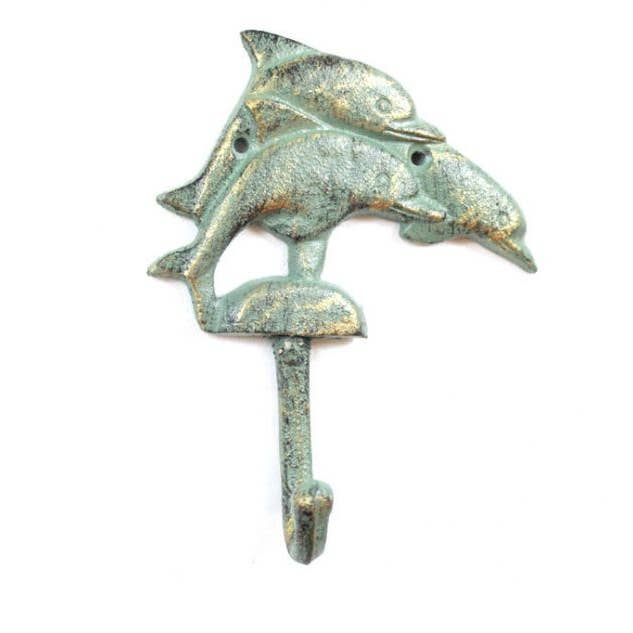 Antique Seaworn Bronze Cast Iron Dolphins Wall Hook 6" for wholesale by Hampton Nautical