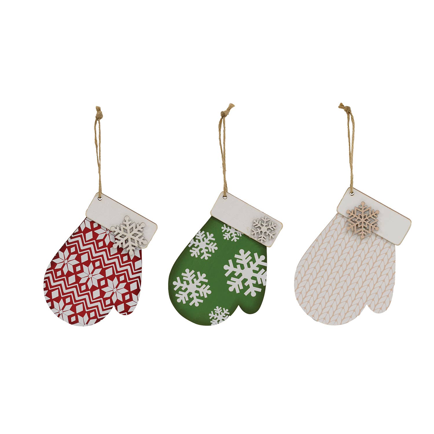 Col House Designs - Wholesale Ornament Set - Snowflake Mitten Ornament w/Jute Hanger, 3 Assorted0