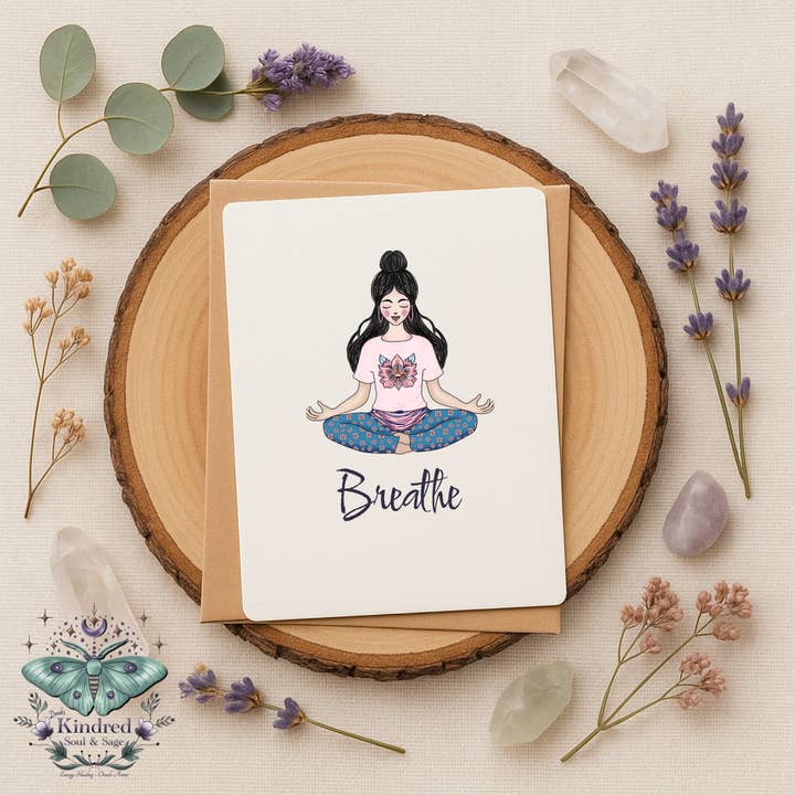 Carte d'art de méditation Respire – 5x7 avec enveloppe Kraft | Kindred Soul & Sage pour la vente par Doroh's Kindred Soul and Sage