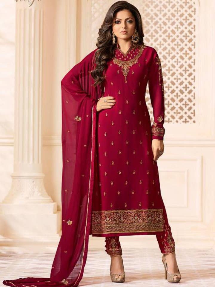 Kameez de Georgette Roja con Traje de Pantalón para Festival de Bodas Indias y Pakistaníes - Trabajo de Bordado 1150 para venta al por mayor de HATKE BRIDE
