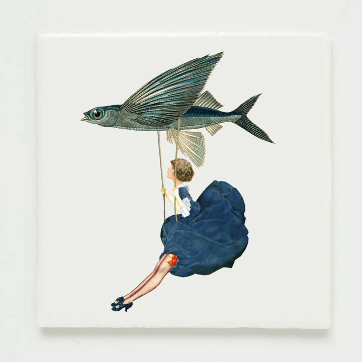 Wall tile collage lady hanging from flying fish for wholesale by Lylies