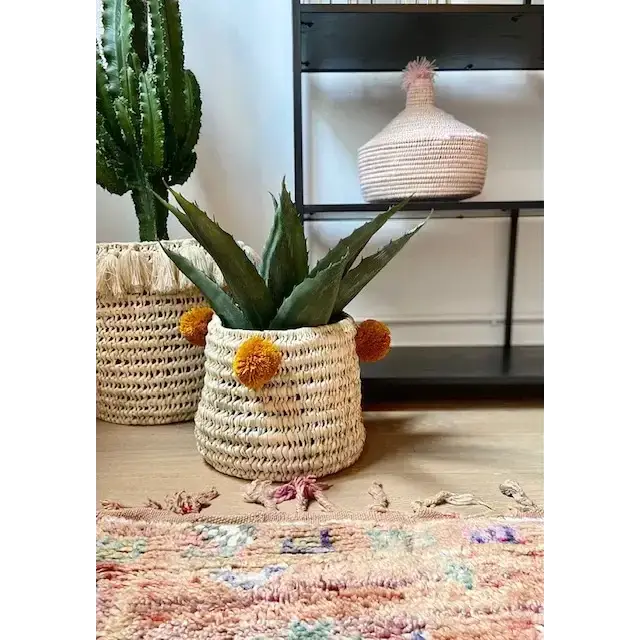 High crafty – wholesale Basket – 🧺 Handwoven Palm Leaf Basket with Colorful Wool Pom Poms4