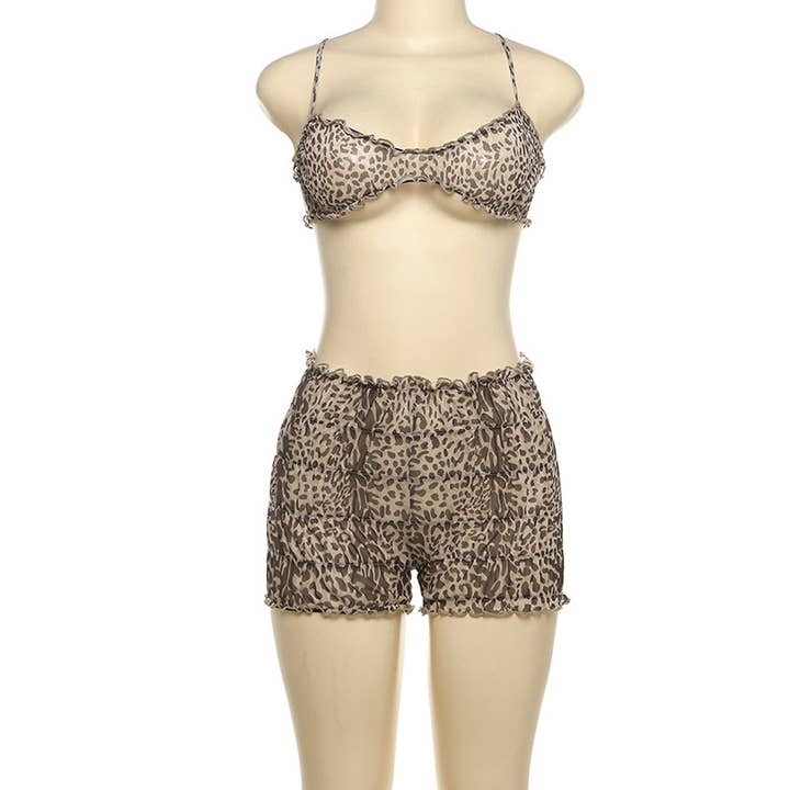 Brown Sexy Leopard Print Lace Top Cake Shorts Two-Piece Set for wholesale on Faire