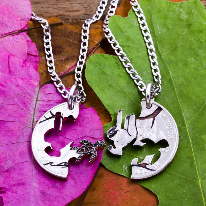 Sloth and Baby Sea Turtle Necklaces, Lazy Best Friends, Kids Jewelry for wholesale by NameCoins