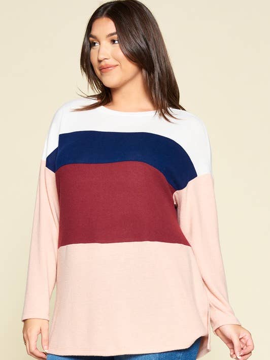 ETK-7955-PL Plus Size Hacci Brush Color Block Casual Top for wholesale by Emerald Collection