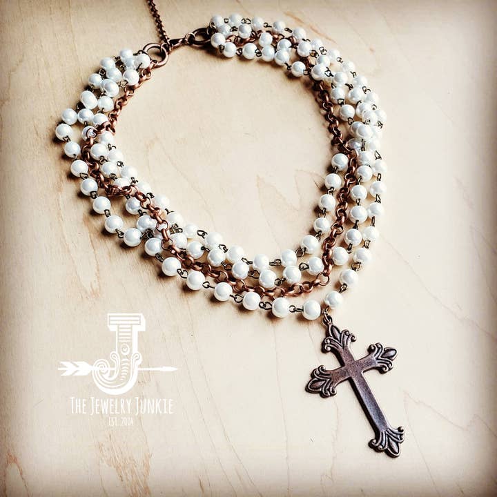 The Jewelry Junkie - Wholesale Pendant/Charm Necklace - Pearl and Copper Beaded Collar Necklace with Copper Cross
