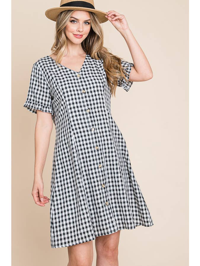 BLACK WHITE Gingham V-Neck Short Sleeve Button Down Dress for wholesale on Faire