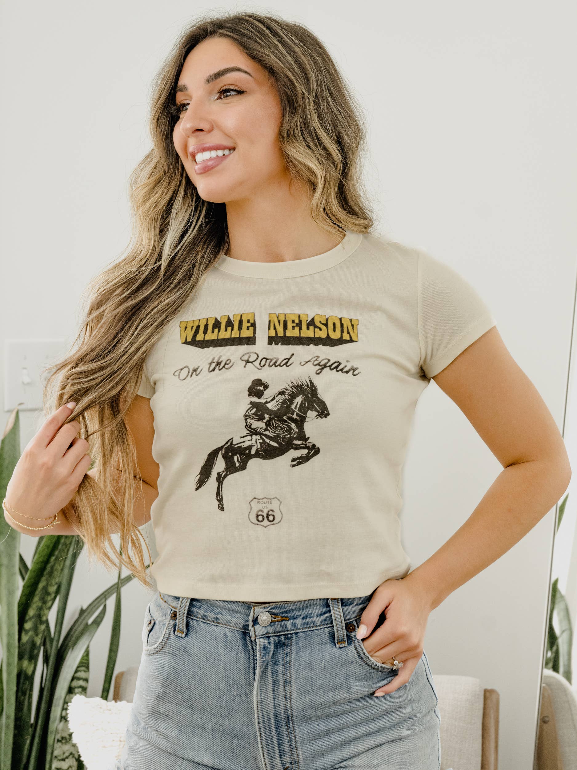 LivyLu - Wholesale Screen Printed T-Shirt - Women's - Willie Nelson Route 66 Off White Licensed Micro Cropped Tee3