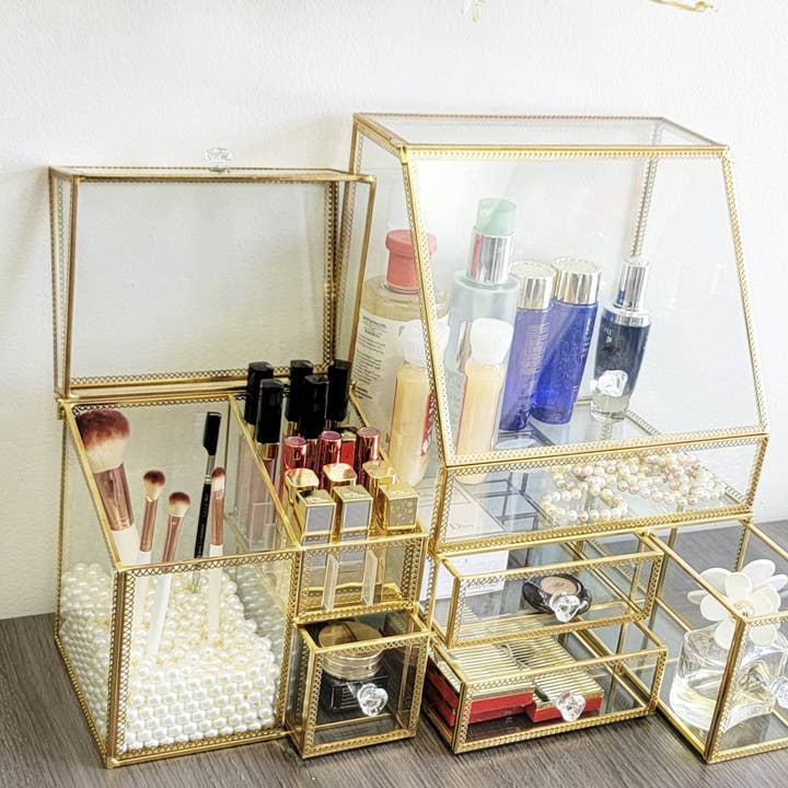 ES Essentials - Wholesale Makeup Storage Box - Elegant Glass Cosmetic Holder with Laced Edge 3 Piece Set Go