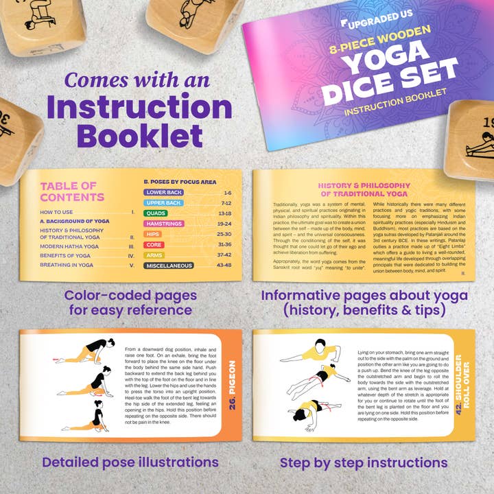 Upgraded Us - Wholesale Dice - Zinsk 8-pc Wood Yoga Dice Set in Cardboard Storage Box