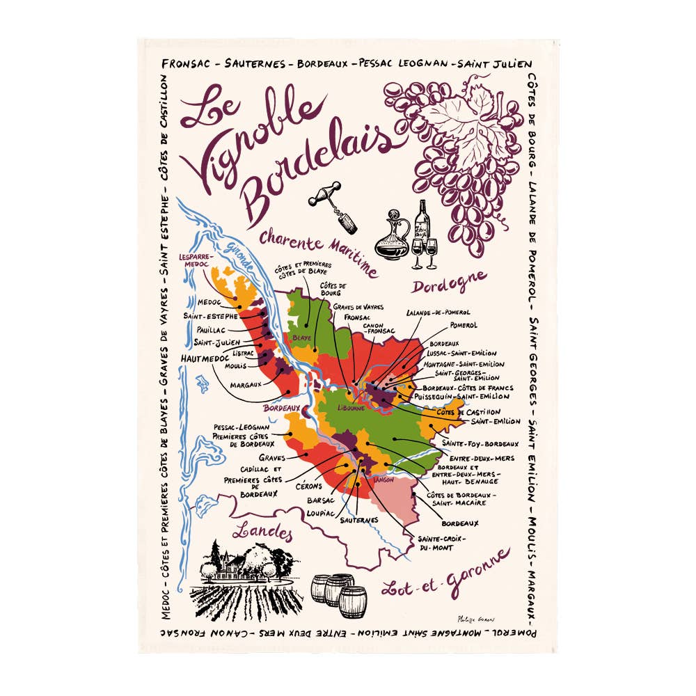 Maison Vivaraise & La Cerise sur le Gâteau - Wholesale Tea Towel - Tea Towel La Carte Des Bordeaux Ecru 48 X 72Cm0