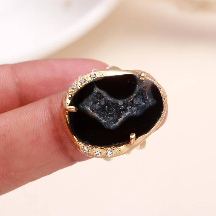 AG 925 JEWELLERY - Wholesale Cocktail/Statement Ring - 925 Sterling Silver Black Druzy Ring1