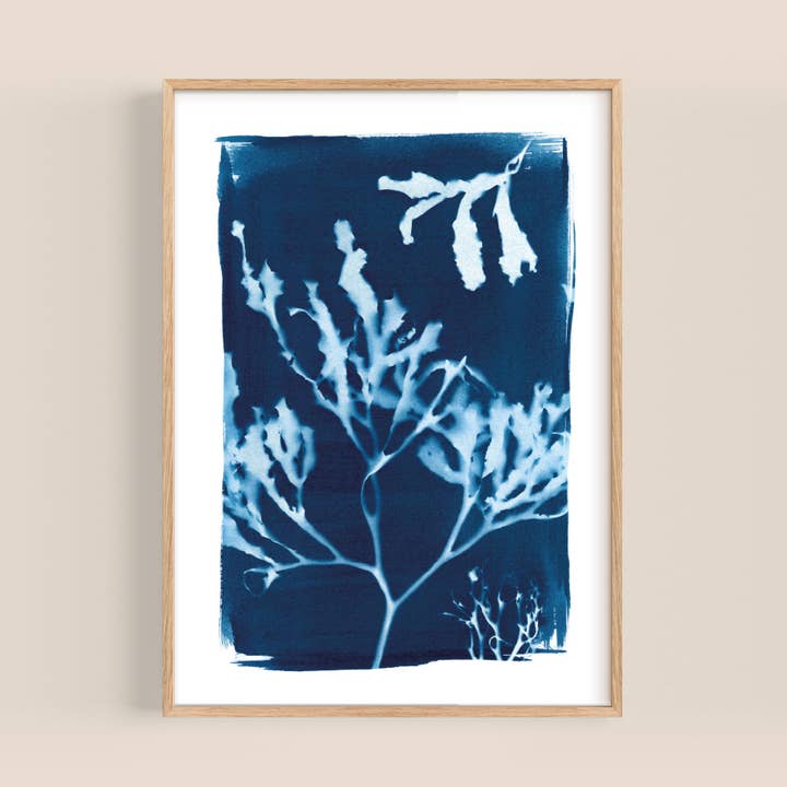 Impression artistique côtière, algues bleues, décoration murale de plage, cyanotype pour la vente par Paper Birch