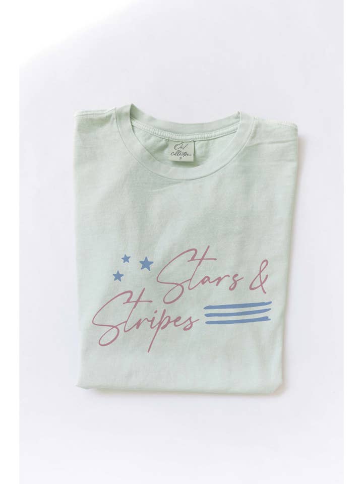 OAT COLLECTIVE - Wholesale Screen Printed T-Shirt - Women's - STARS AND STRIPES Mineral Washed Graphic Top