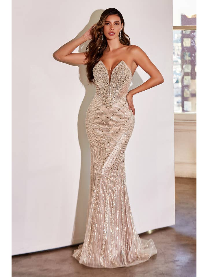 Ladivine by Cinderella Divine - Wholesale Gown - Women's - STRAPLESS FITTED BEADED GOWN