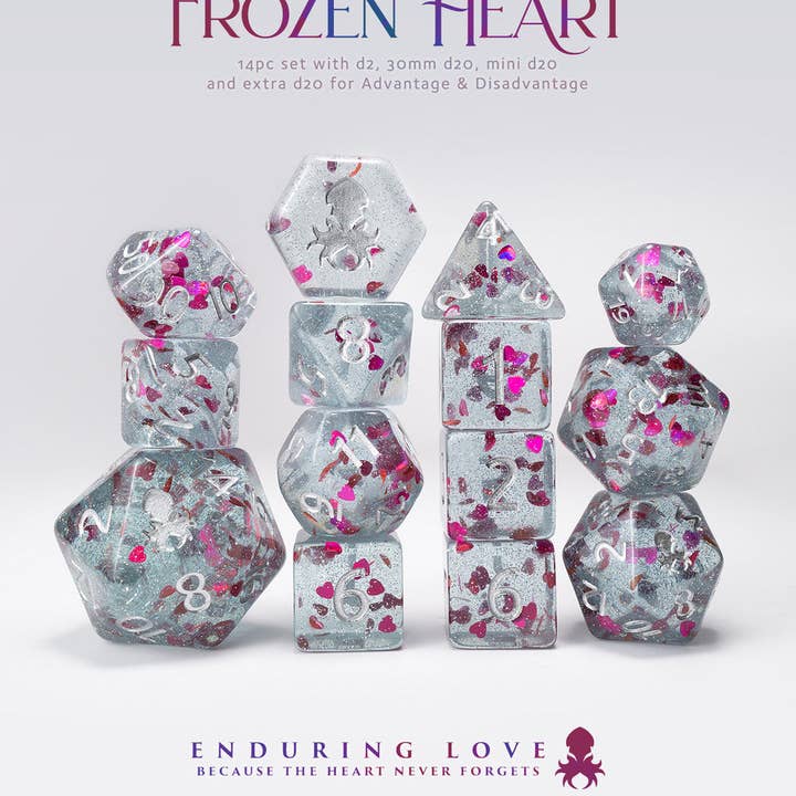 Frozen Heart - Blue with Red Hearts 14pc Limited Edition Dice Set for wholesale by Kraken Dice