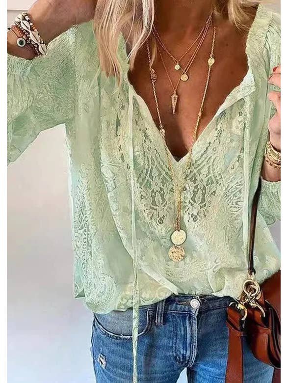 Queen Fashion - Wholesale Blouse - Women's - Chic Lace V-Neck Blouse for Everyday Boutique Styling
4