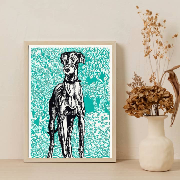 Teal Dog Canvas Art: Vintage Woodcut Style for wholesale by Printmast Canvas Studio