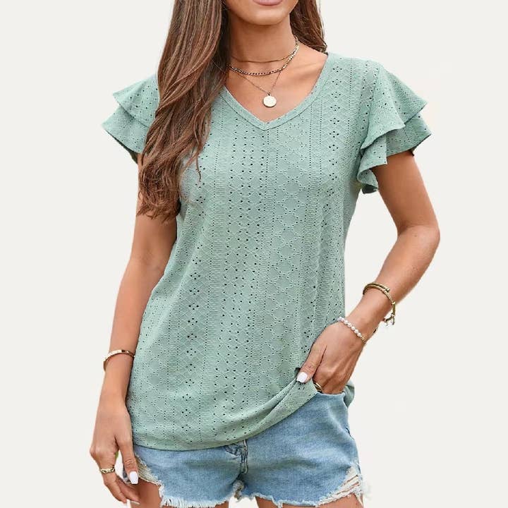 The Moment Collection – wholesale Blus - Dam – Chic Ruffle V-hals Genomborrad Pointelle Ren Kortärmad Topp5