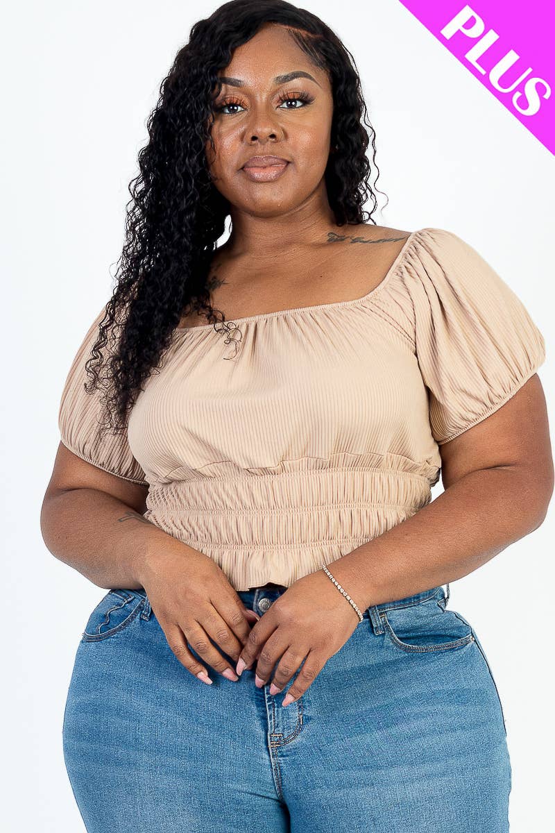 CAPELLA APPAREL - Vente Haut en maille – femme - Top uni en tricot côtelé à manches bouffantes et froncées de grande taille11