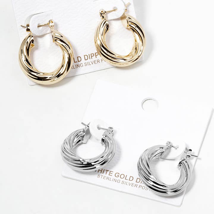 Gold Dipped Textured Pin Catch Hoop Earrings for wholesale by Sensibling Corp.