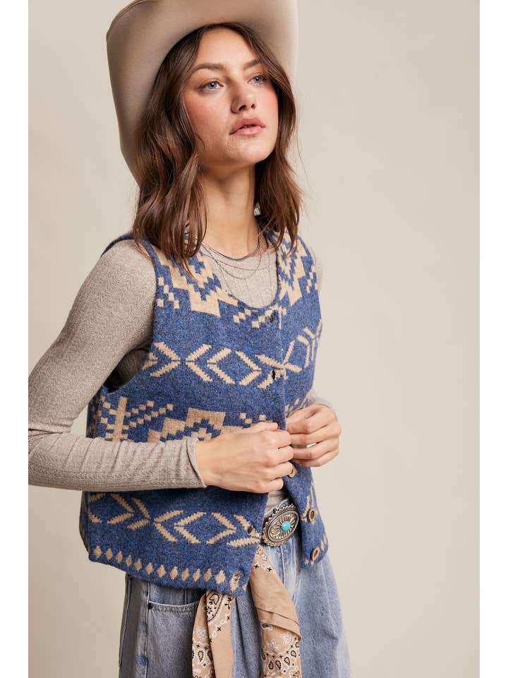 Listicle - Wholesale Sweater Vest - Women's - Southwestern Button-Up Vest LSW09776