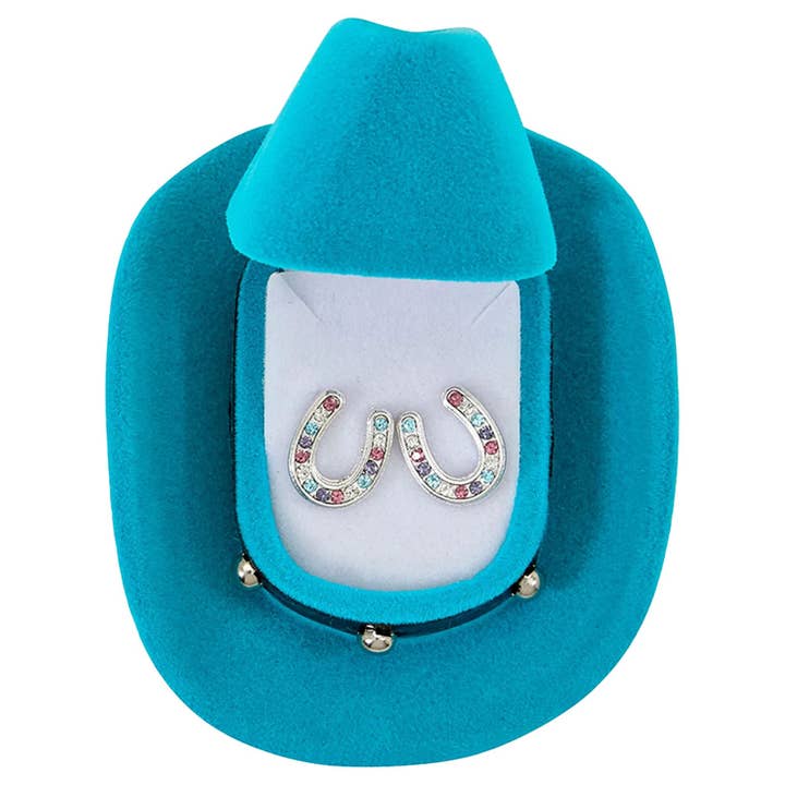 Orecchini a ferro di cavallo con strass in scatola a forma di cappello da cowboy per la vendita all'ingrosso da parte di Western Express