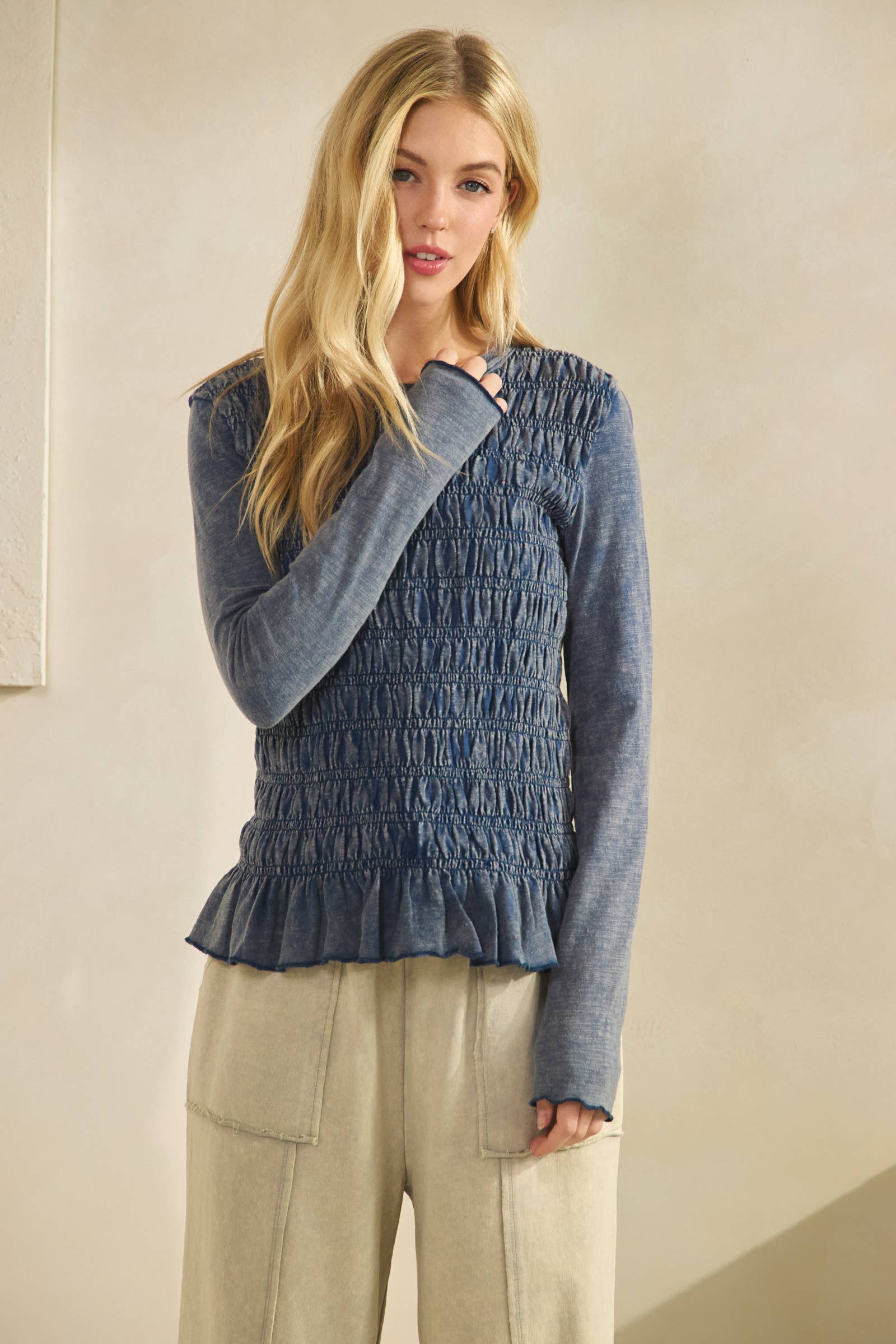 Sage + Fig - Wholesale Knit Top - Women's - SMOCKED PEPLUM LONG SLEEVE TOP (ST7986) 15