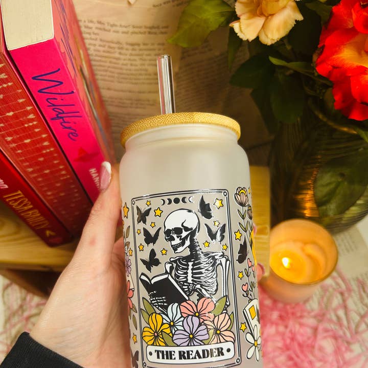 TheBookShack – wholesale Drinking glass/cup – Frosted Glass skeleton Bookish Cup with Glass Straw0