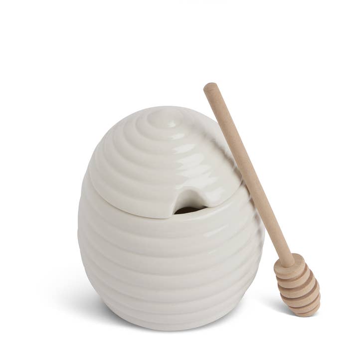 Core Home - Wholesale Honey Pot - 16.9oz Ceramic Ribbed Honey Jar w/ Wooden Dipper1
