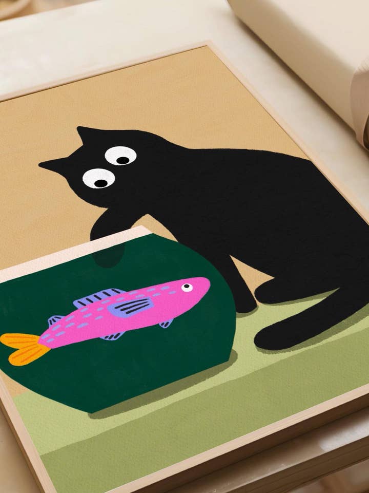 Cat and Fish Art Print: Colourful Feline Illustration for wholesale by The Paper Tail