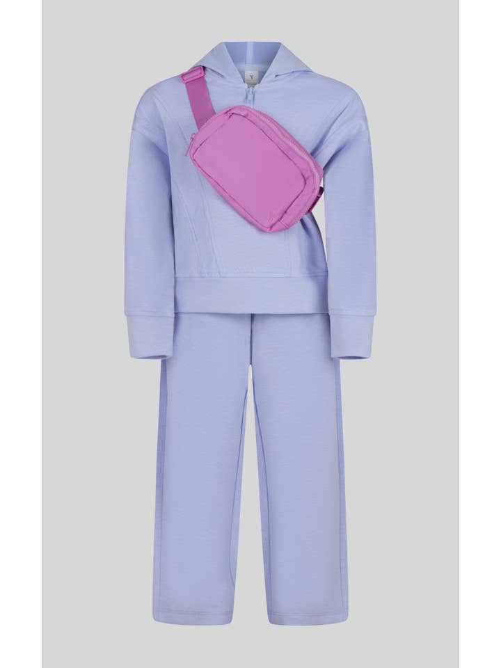 90 Degree by Reflex & Yogalicious - Wholesale Top & Pant Set - Kids - Little Girls Half Zip Hoodie, Wide Leg Pant, Fanny Bag Set
