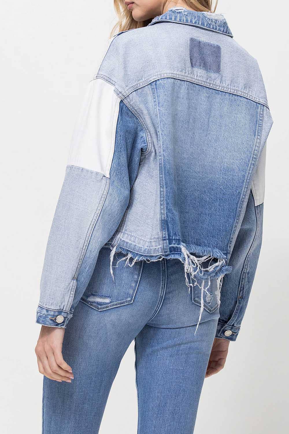 DENIM FARVEBLOK PATCHWORK OVERSIZE CROP DENIM JAKKE V2727J for engroshandel på Faire7