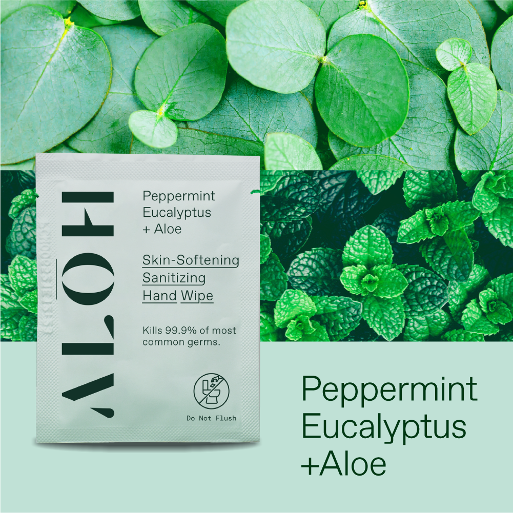 ALŌH - Wholesale Hand Sanitizer - Peppermint Eucalyptus + Aloe Individually Wrapped Sanitizing Hand Wipes2