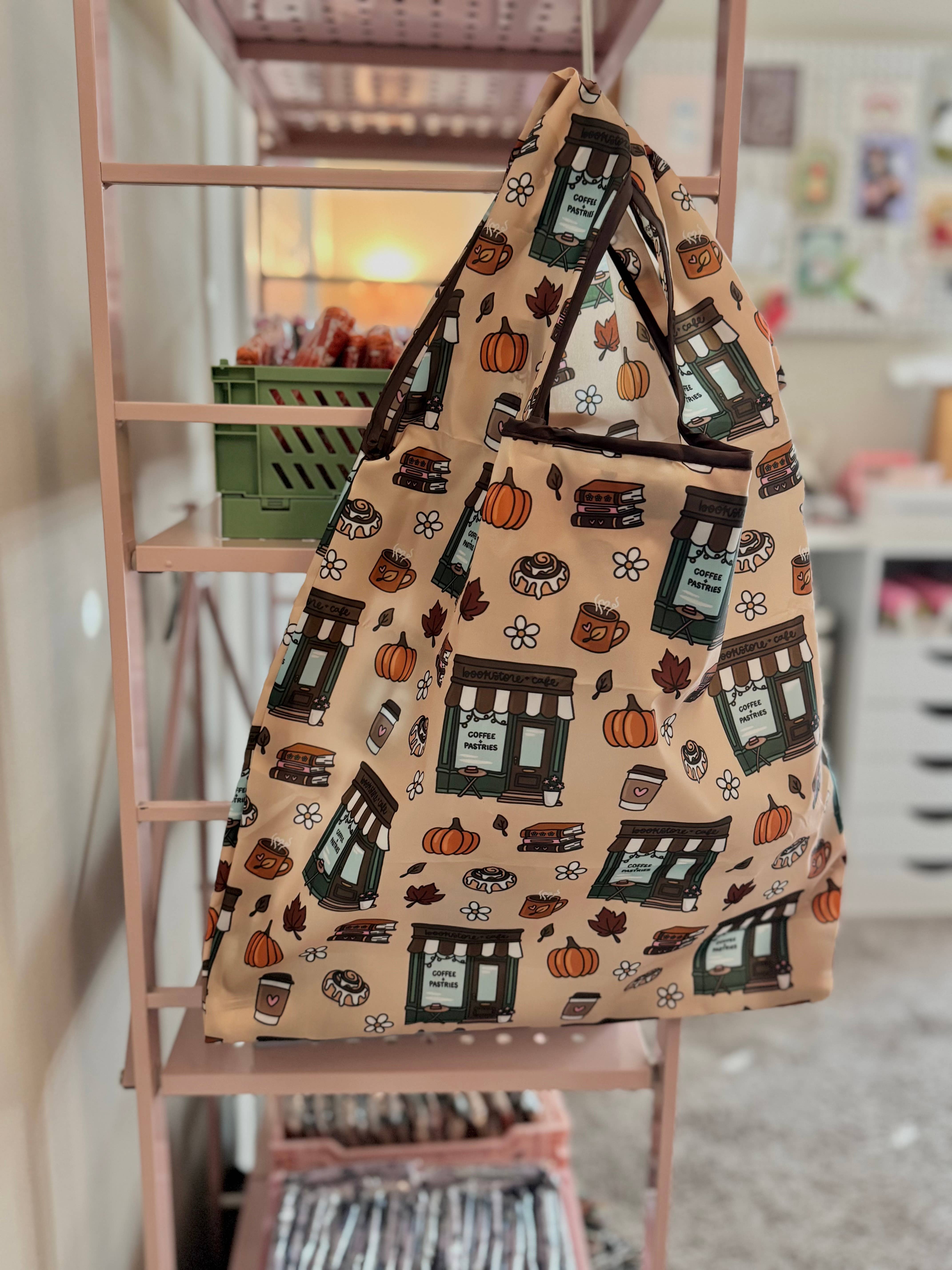 CrescentCatCo - Wholesale Book Cover - Cozy Autumn Bookish Reusable Shopping Bag, Fold Up Pouch 2