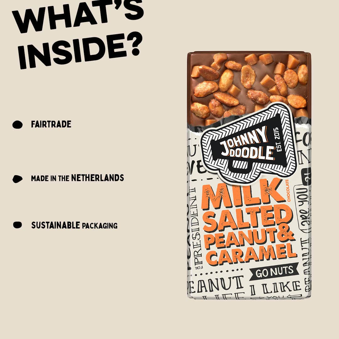 VS Food Online - Johnny Doodle – Engroshandel Chokoladebar – Johnny Doodle mælkechokolade med saltede peanuts og karamel 150 g Fairtrade4