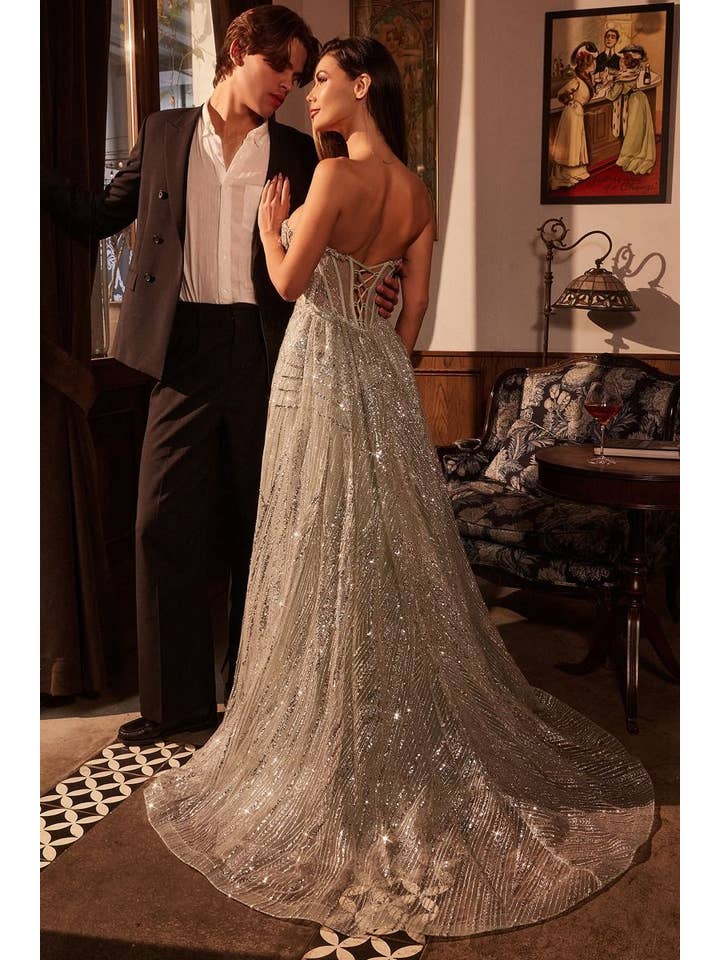 Tux-USA® - Wholesale Gown - Women's - Strapless Glitter Printed Gown & Overskirt
