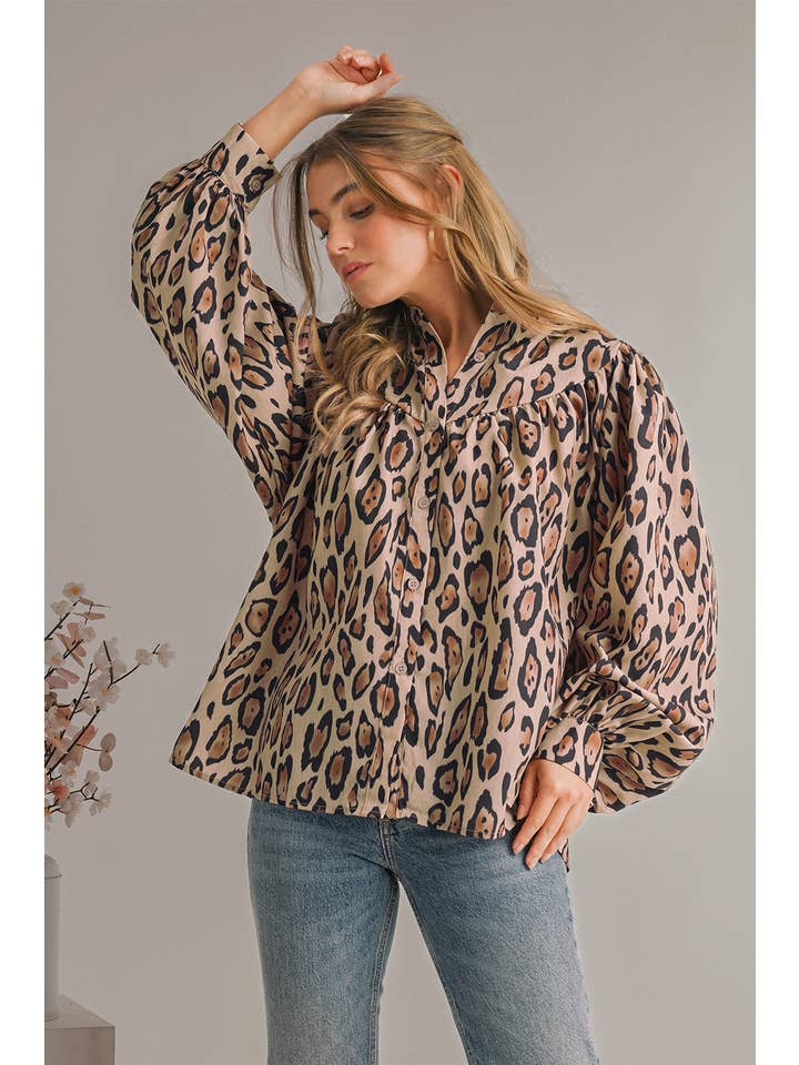 As shown Wild Leopard Print Loose Fit Long Sleeve Shirt | S-XL for wholesale on Faire