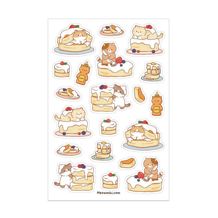 Cat and Pancake Clear Sticker Sheet for wholesale by Meowashi Studio