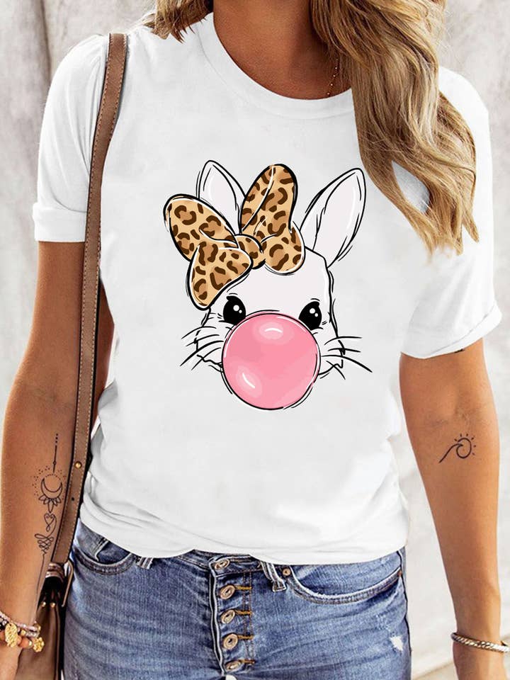 T-shirt graphique avec léopard, arc, bulle et lapin pour la vente par 1 the Woman