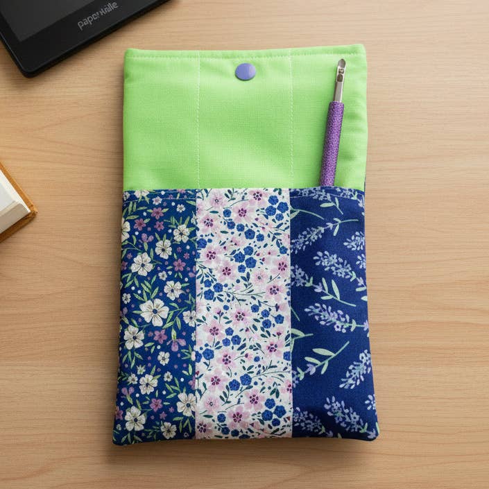 Quilted Tablet Sleeve or Book Sleeve Snap Closure - Purple Floral - Book Cozy - Handmade - Small - 5.5" x 9" for wholesale by Ann Gregory Designs