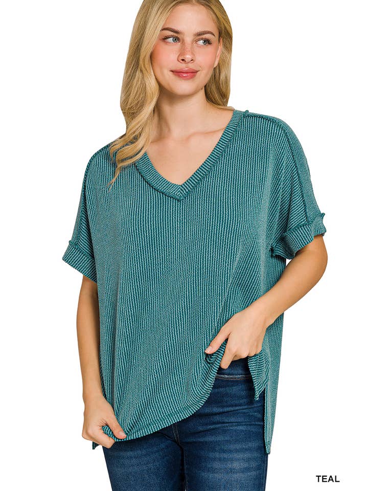 42POPS – wholesale Stickad topp - Dam – .Corded Rib Kortärmad Topp med Rå Kant79