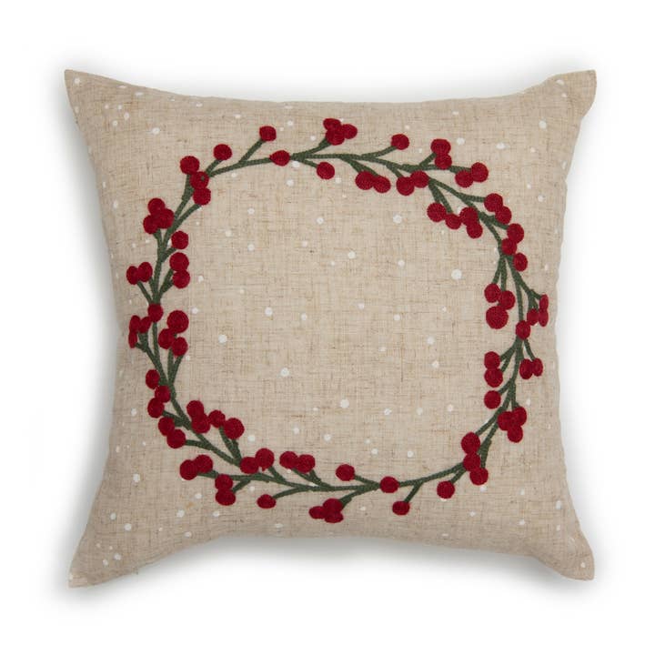 Holly Berry Branch Crewel Embroidered Pillow 14"x14" for wholesale by Xia Home Fashions & Manor Luxe