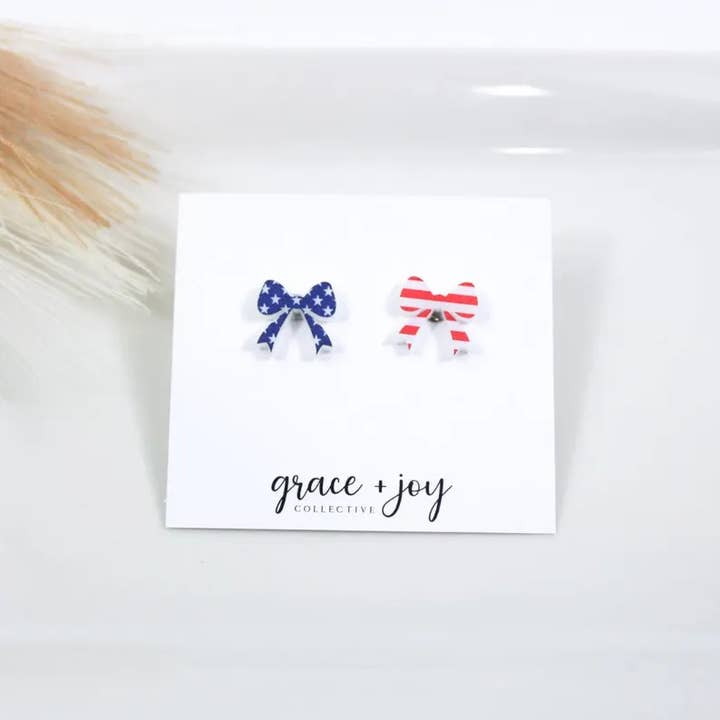 Grace + Joy Collective - Wholesale Stud/Post Earrings - US Flag Bow Stud Earring, Acrylic Earrings