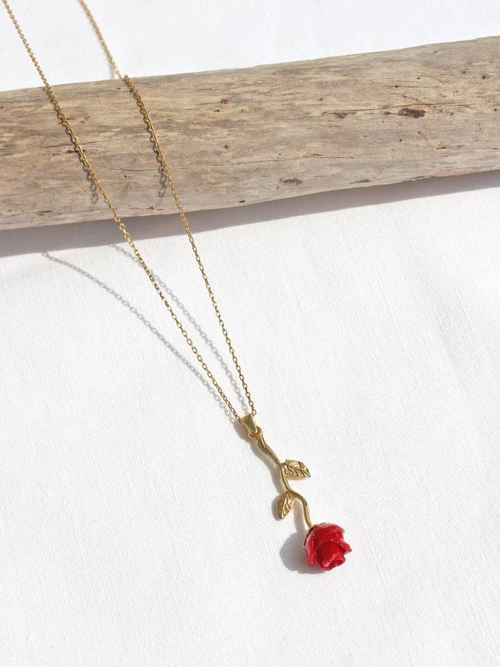 Gold Plated Red Rose Flower Necklace, Sterling Silver Beauty and the Beast Floral Pendant, Princess Belle Necklace, Romantic Gift for Her for wholesale by Pharos Jewellery