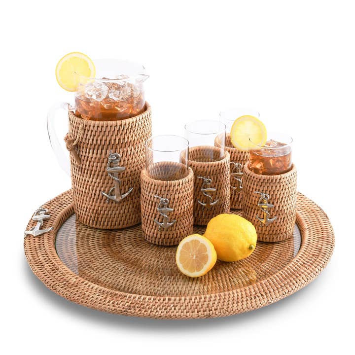 Vagabond House - Wholesale Serving Tray - Anchor Round Serving Tray Hand Woven Wicker Rattan - Glass Insert