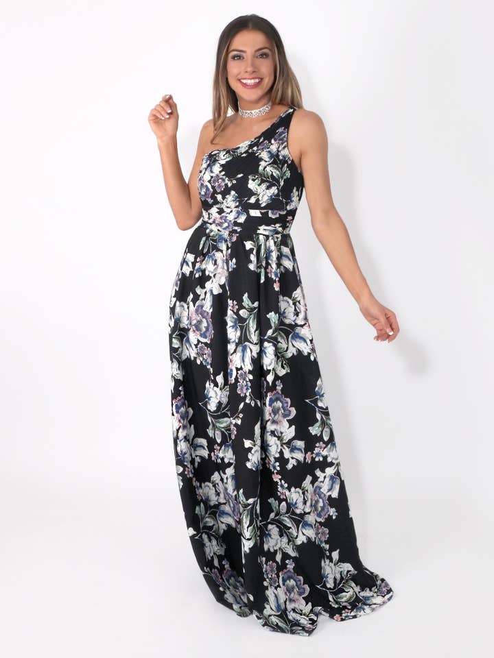 Én ærme blomstret lang kjole - R1344 for engroshandel hos Eva & Lola - Epsilonn